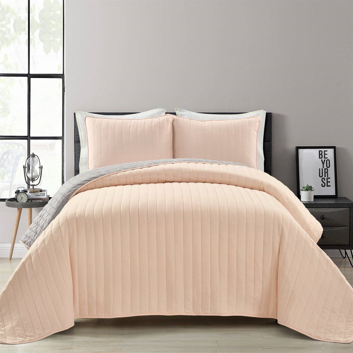 Full/Queen Soft Reversible Lightweight Quilt Set in Rose Blush Pink and Grey — Chic Home-Decor