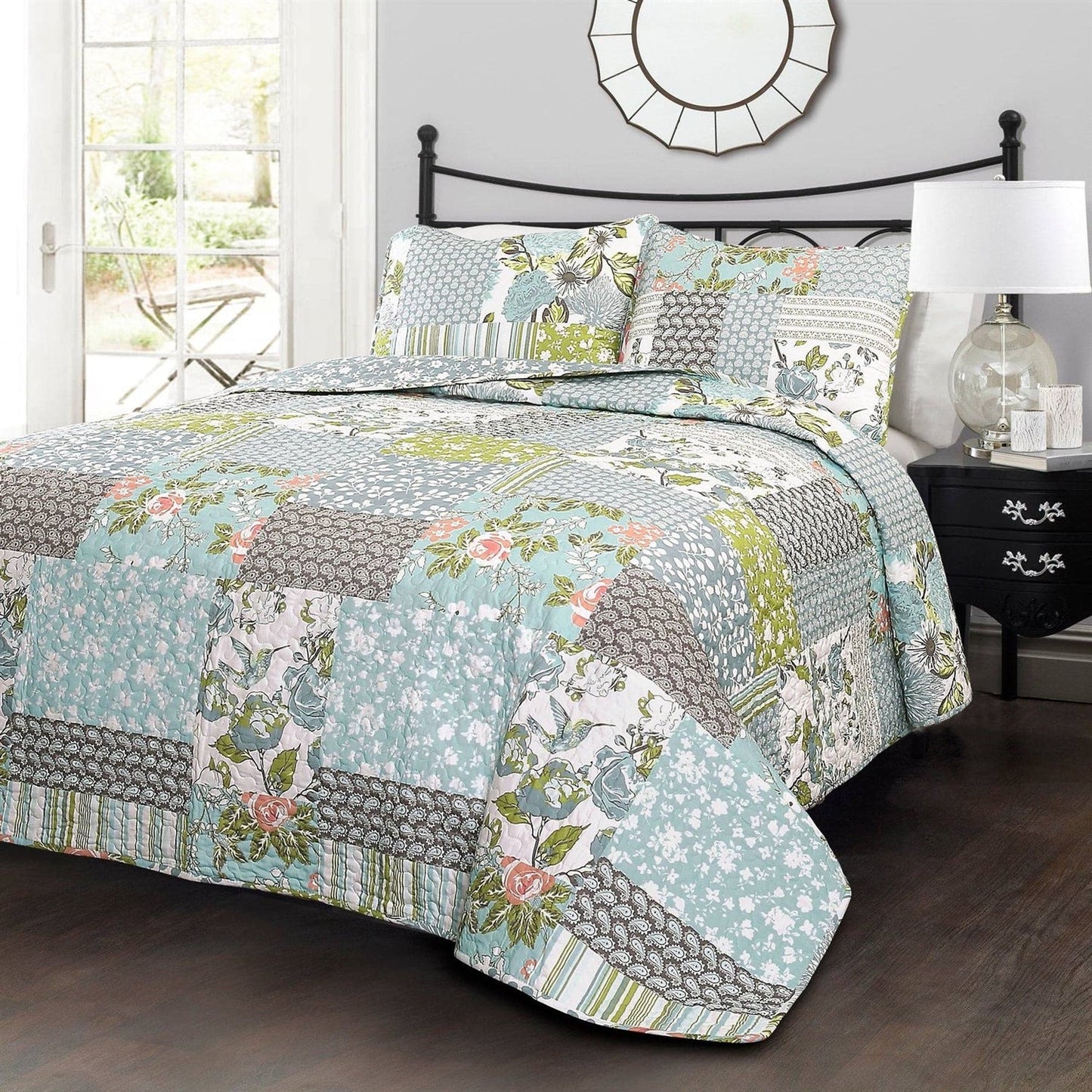 Full/Queen Boho Floral Blue Cotton Lightweight Quilt Set — Chic Home-Decor