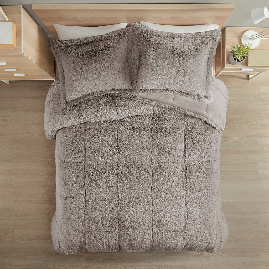 Full/Queen Grey Soft Sherpa Faux Fur 3-Piece Comforter Set with Pillow Shams — Chic Home-Decor