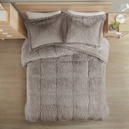 Soft Sherpa Faux Fur 3-Piece Comforter Set with Pillow Shams – Grey