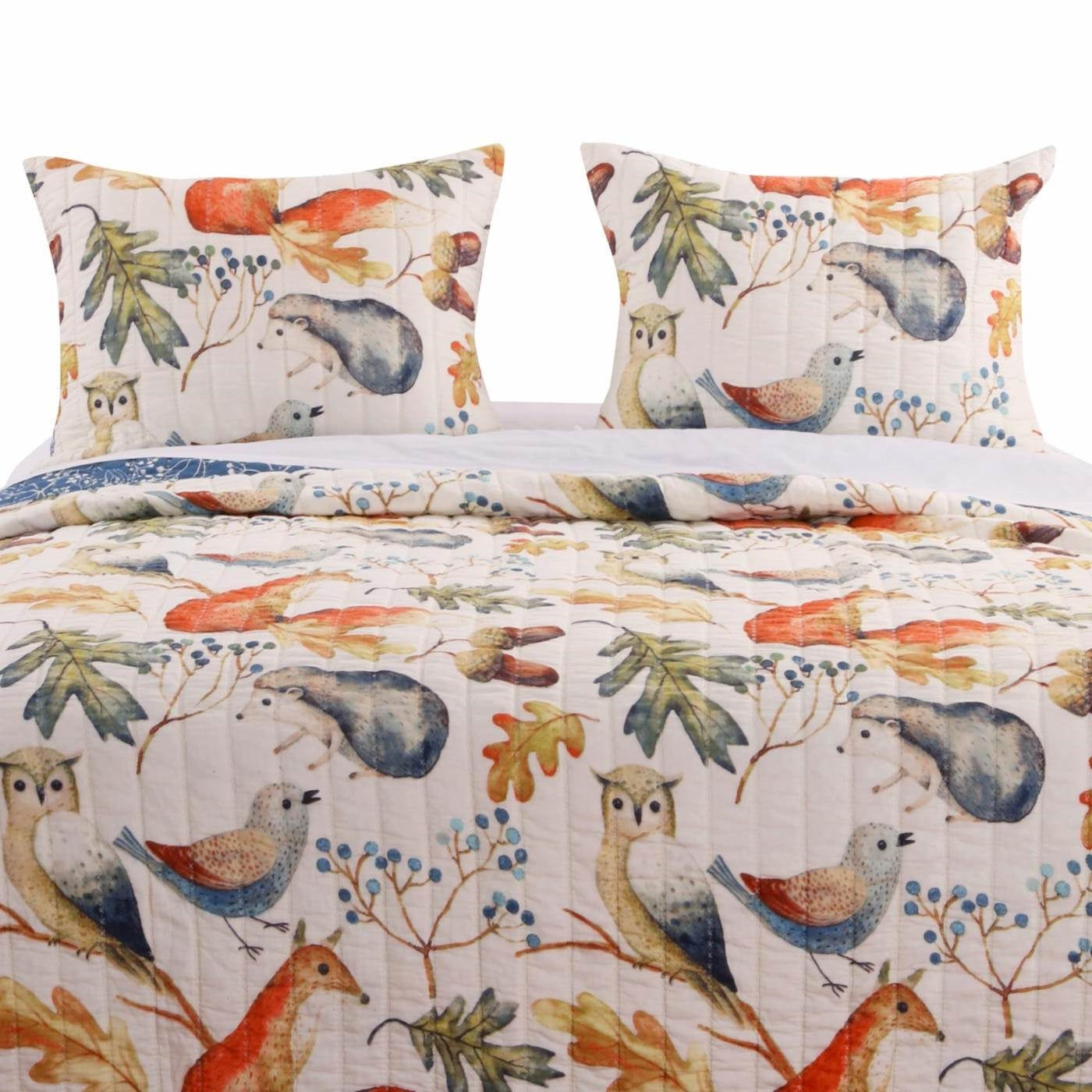 Full/Queen Blue Beige Birds Animals Floral Microfiber Reversible Quilt Set — Chic Home-Decor