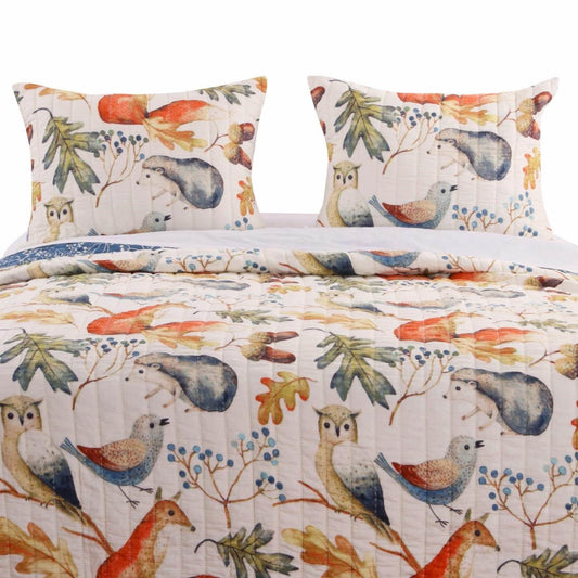 Full/Queen Blue Beige Birds Animals Floral Microfiber Reversible Quilt Set — Chic Home-Decor