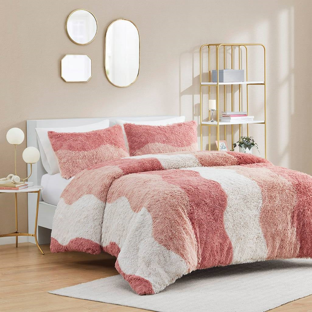 Full/Queen Pink Blush White Reversible Soft Sherpa Faux Fur 3-PC Comforter Set — Chic Home-Decor