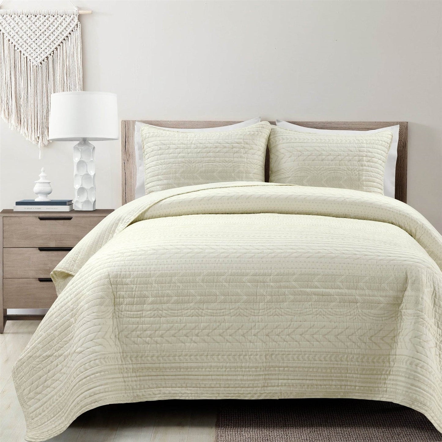 Full/Queen Scandinavian Chevron Ivory Beige Reversible Cotton Quilt Set — Chic Home-Decor