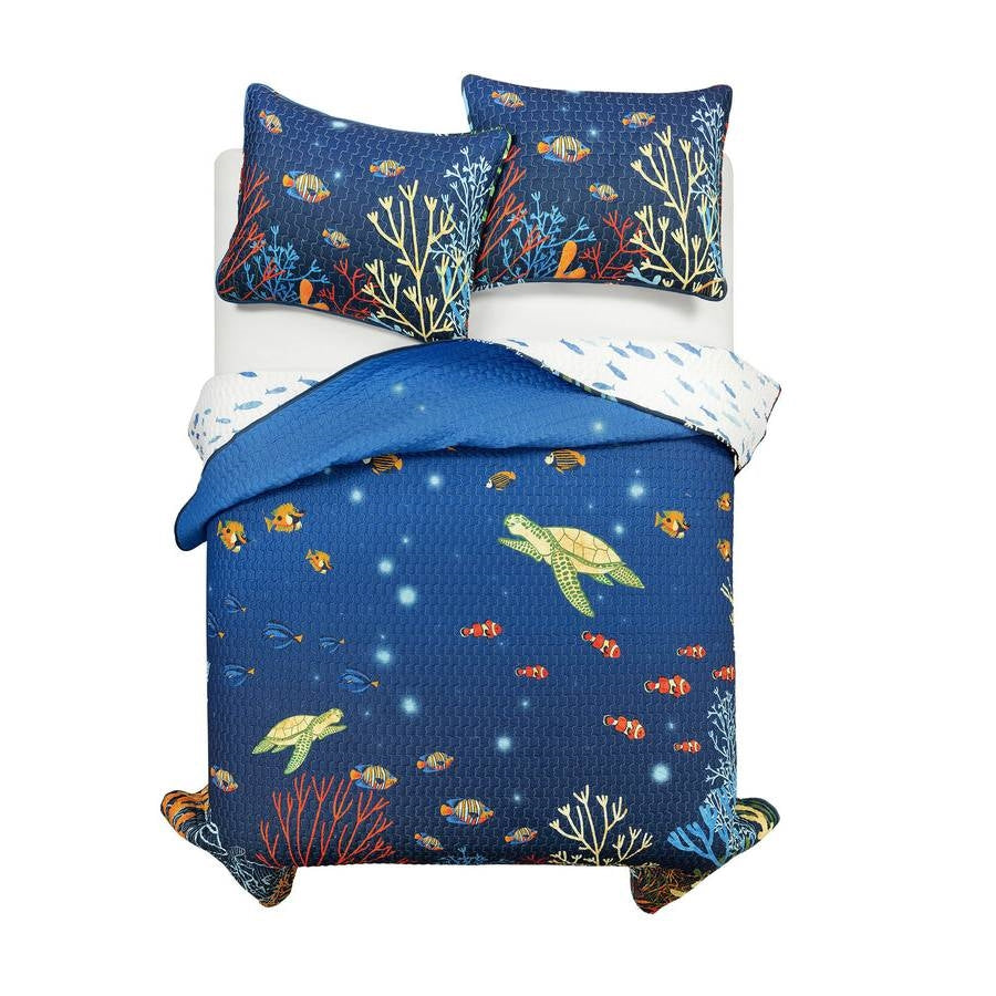 Full/Queen 3 Piece Ocean Navy Blue Clown Fish Coral Reef Reversible Quilt Set — Chic Home-Decor