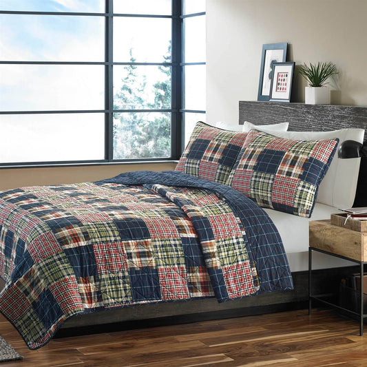Full / Queen Farmhouse Red Navy Plaid 100-Percent Cotton Reversible Quilt Set — Chic Home-Decor