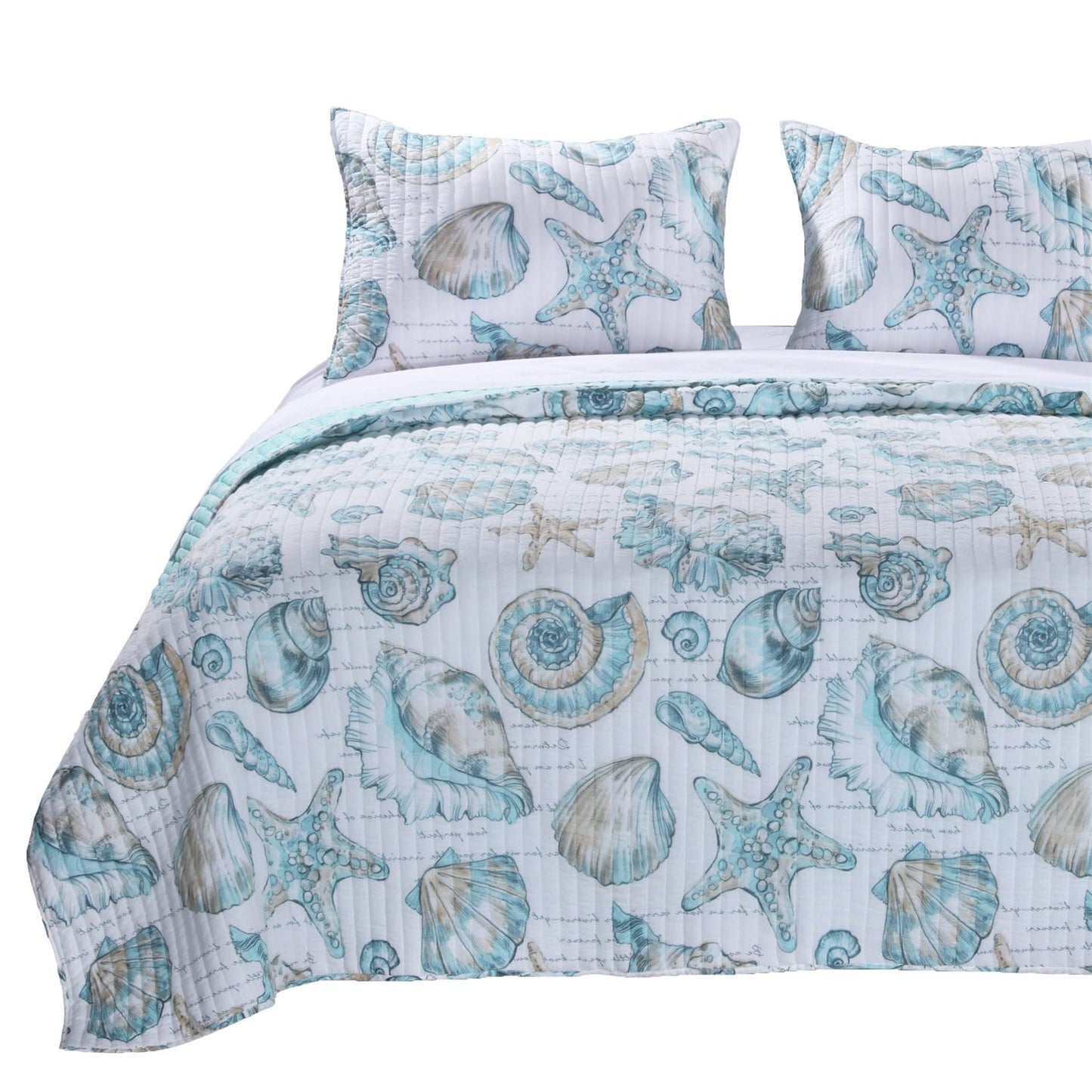Full / Queen Coastal Seashells White Teal 3 Piece Polyester Reversible Quilt Set — Chic Home-Decor