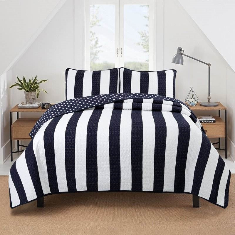 Full/Queen 3 Piece Navy Blue White Stars Stripes 100-Percent Cotton Quilt Set — Chic Home-Decor
