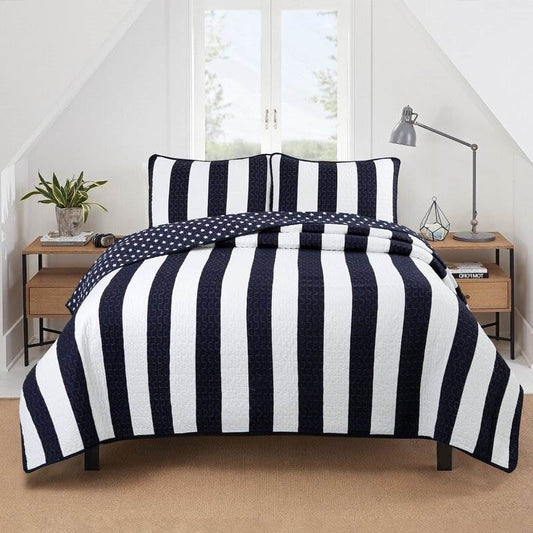 Full/Queen 3 Piece Navy Blue White Stars Stripes 100-Percent Cotton Quilt Set — Chic Home-Decor