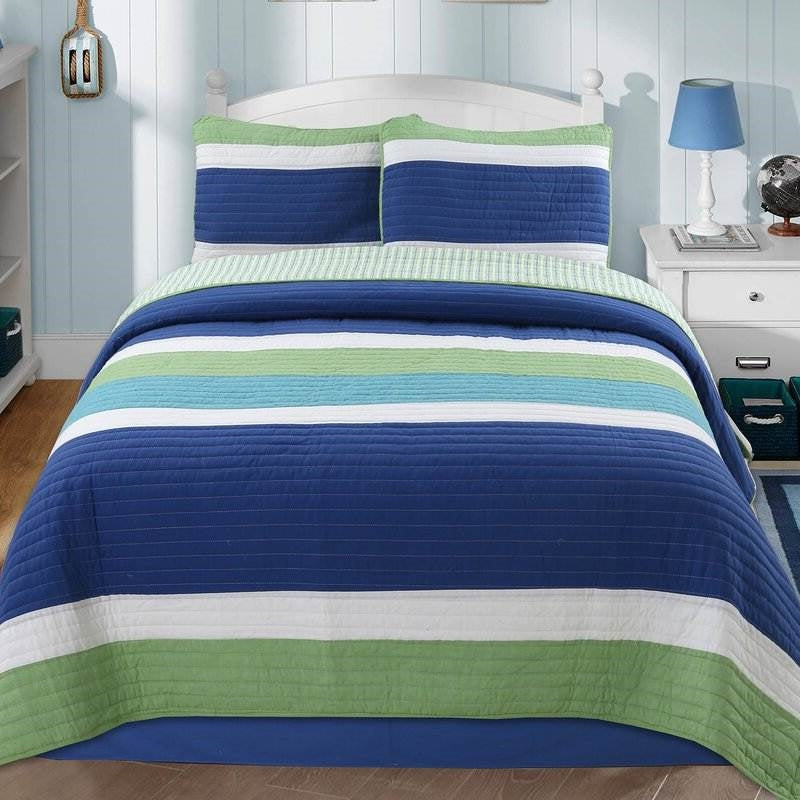 Full/Queen Navy Blue/Green/Teal/White Stripe 100-Percent Cotton Quilt Set — Chic Home-Decor