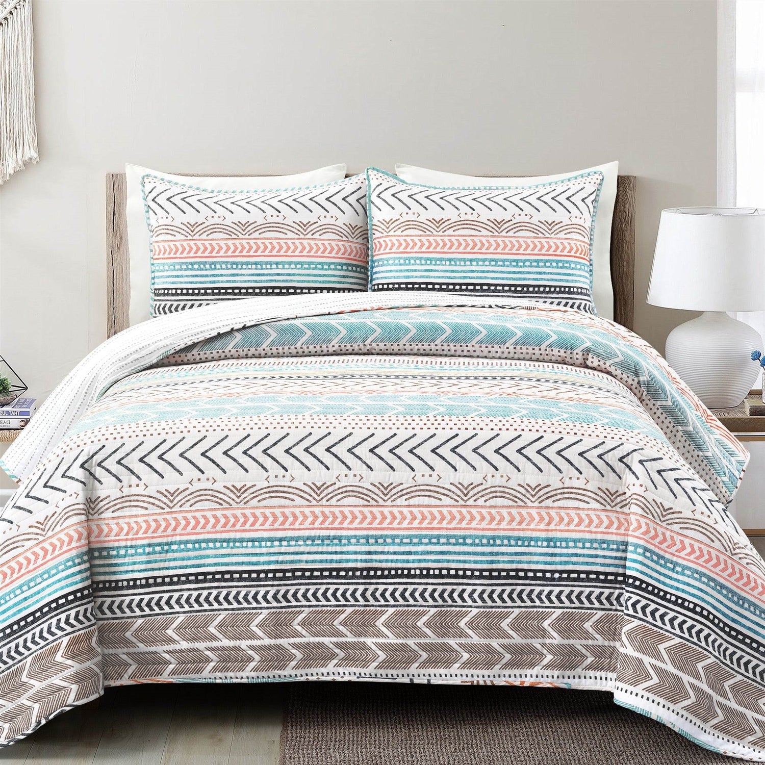 King Scandinavian Chevron Teal White Orange Brown Reversible Cotton Quilt Set — Chic Home-Decor