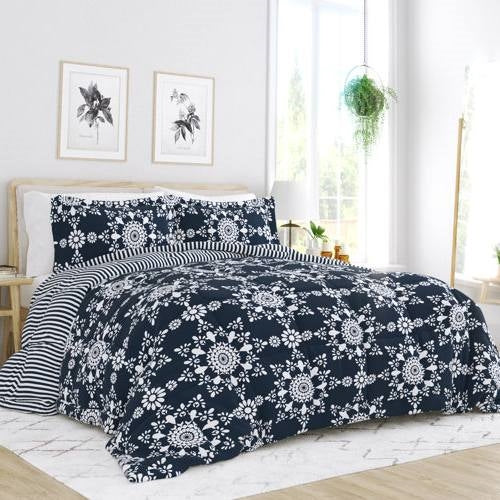 Full/Queen size 3-Piece Navy Blue White Reversible Floral Striped Comforter Set — Chic Home-Decor