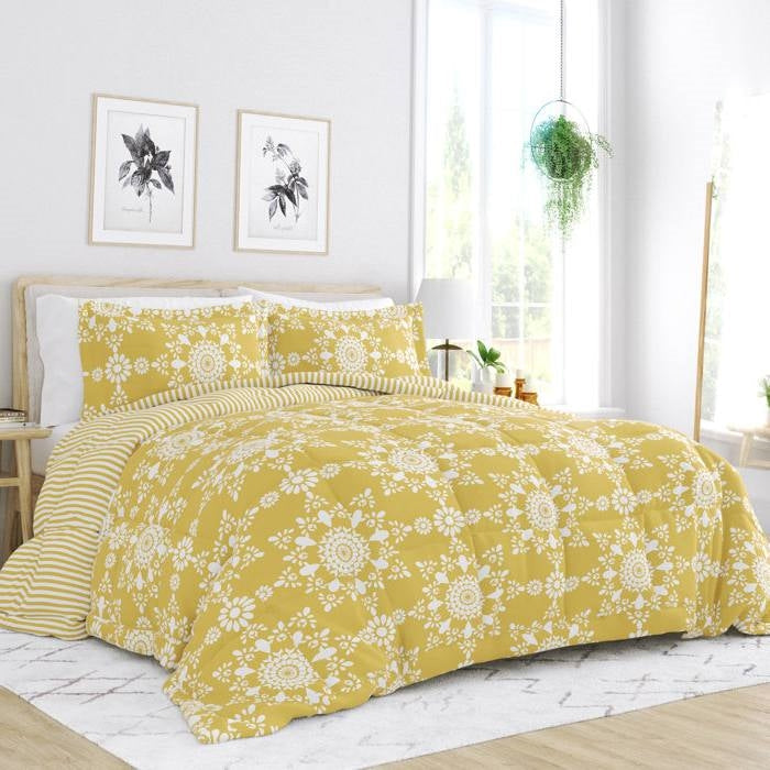 Full/Queen size 3-Piece Yellow White Reversible Floral Striped Comforter Set — Chic Home-Decor