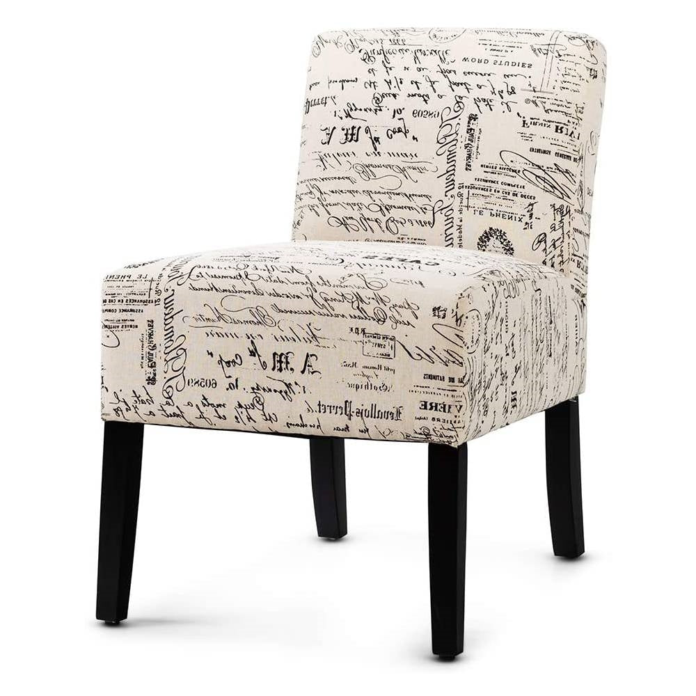 Modern Accent Chair Off-White French Cursive Pattern Upholstery with Black Wood Legs — Chic Home-Decor