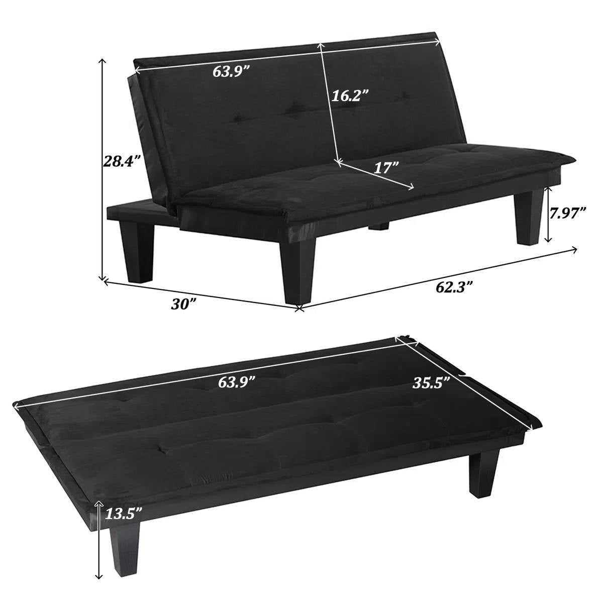 Black Faux Suede Upholstered Futon Sleeper Sofa Bed