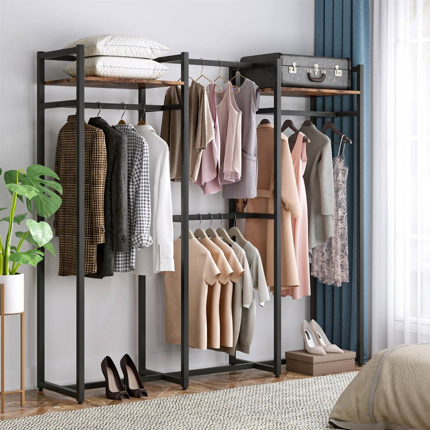 Black Metal Garment Rack with 4 Clothes Hanging Rods and 2 Wood Storage Shelves — Chic Home-Decor