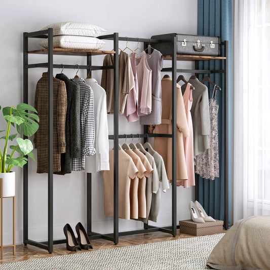Black Metal Garment Rack with 4 Clothes Hanging Rods and 2 Wood Storage Shelves — Chic Home-Decor