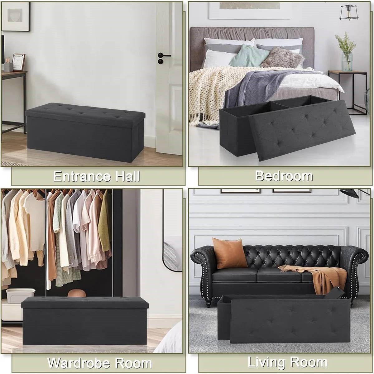 Black Linen Upholstered Bedroom Living Room Entryway Storage Bench Ottoman