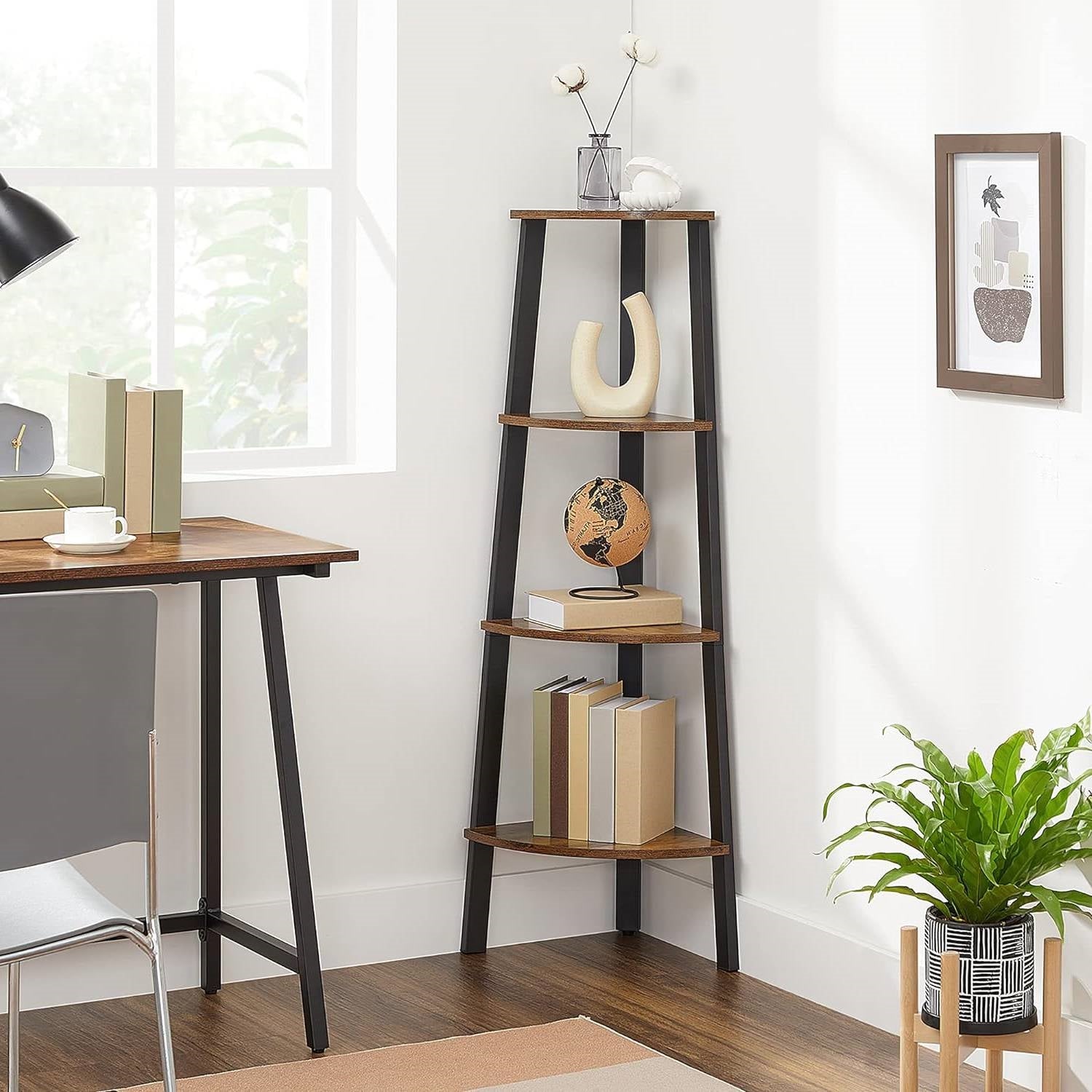 Narrow 3-Shelf Corner Shelving Unit Plant Stand Bookcase in Brown Black Wood — Chic Home-Decor