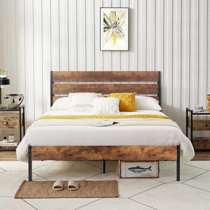 Full Industrial Platform Bed Frame with Brown Wood Slatted Headboard Footboard — Chic Home-Decor