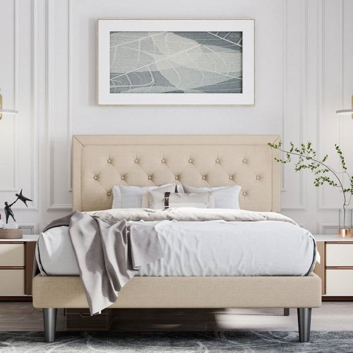 Full Size Adjustable Height Platform Bed Frame with Beige Upholstered Headboard — Chic Home-Decor
