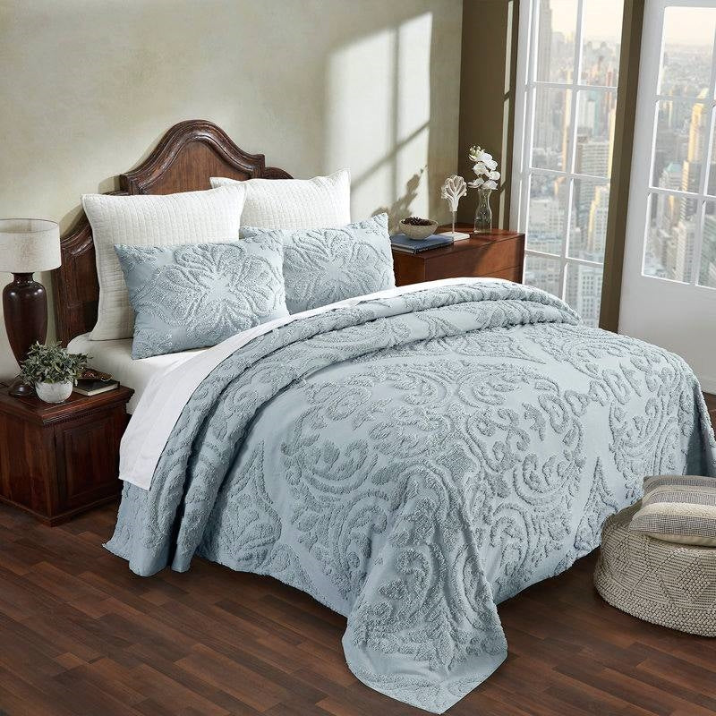 Full Size 100-Percent Cotton Chenille 3-Piece Coverlet Bedspread Set in Blue — Chic Home-Decor