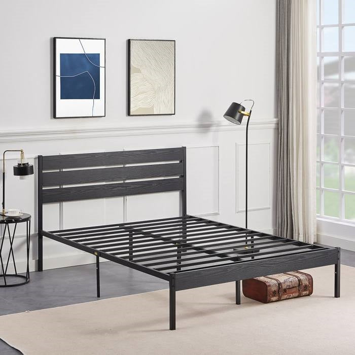 Full size Industrial Platform Bed Frame with Wood Slatted Headboard in Black — Chic Home-Decor