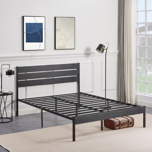 Full size Industrial Platform Bed Frame with Wood Slatted Headboard in Black — Chic Home-Decor