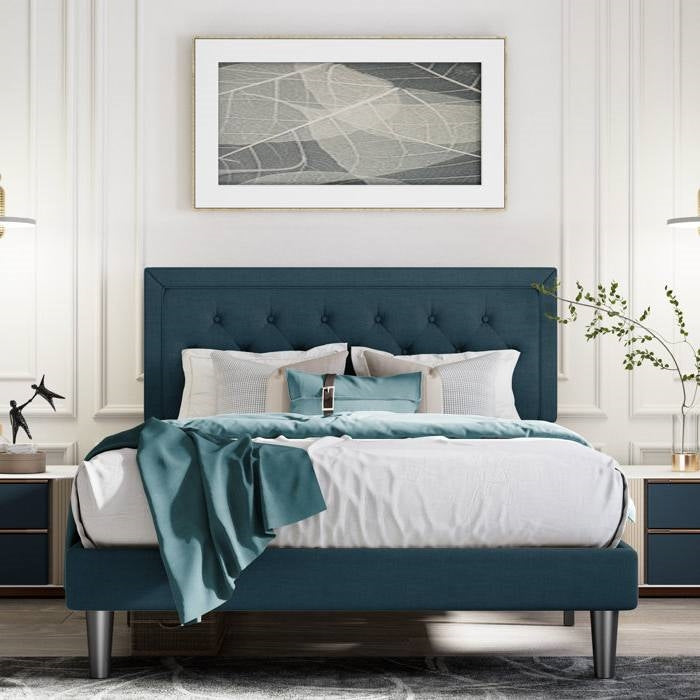 Full Size Adjustable Height Platform Bed Frame with Blue Upholstered Headboard — Chic Home-Decor