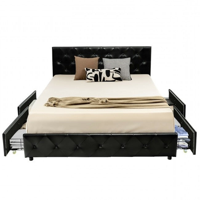 Full Size Black PU Leather Button Tufted Platform Bed with 4 Storage Drawers — Chic Home-Decor