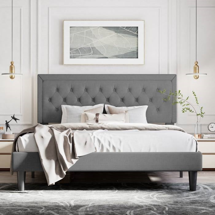 Full Size Dark Grey Linen Upholstered Platform Bed with Button-Tufted Headboard — Chic Home-Decor