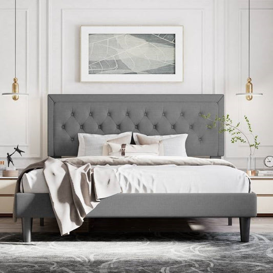 Full Size Dark Grey Linen Upholstered Platform Bed with Button-Tufted Headboard — Chic Home-Decor