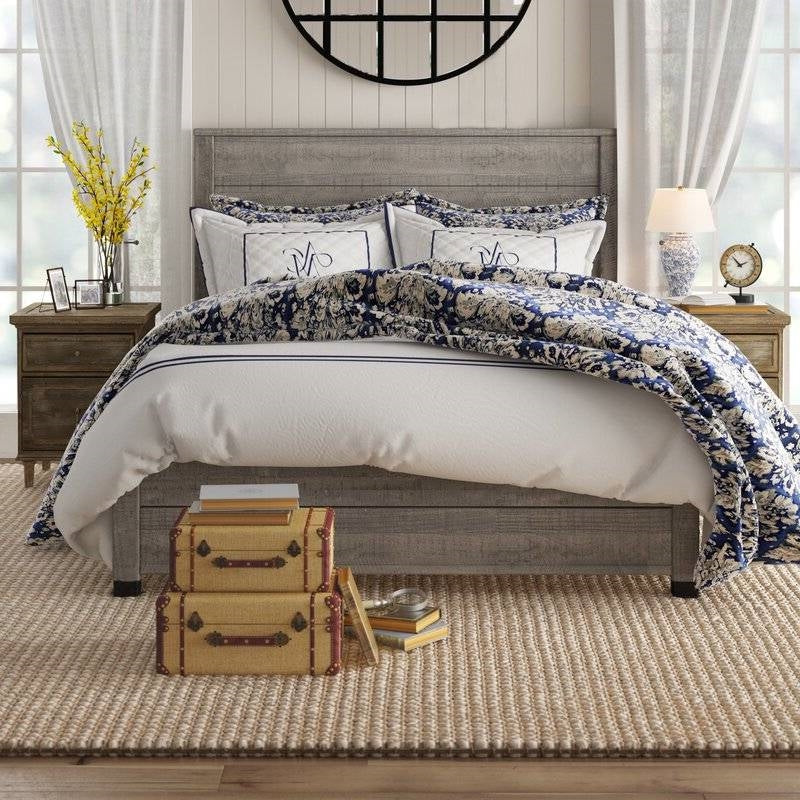 Full Solid Wooden Platform Bed Frame with Headboard in Grey Wood Finish