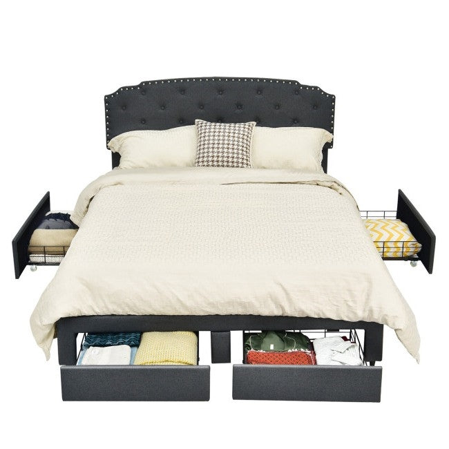 Full Size Grey Linen Adjustable Headboard 4 Drawer Storage Platform Bed — Chic Home-Decor