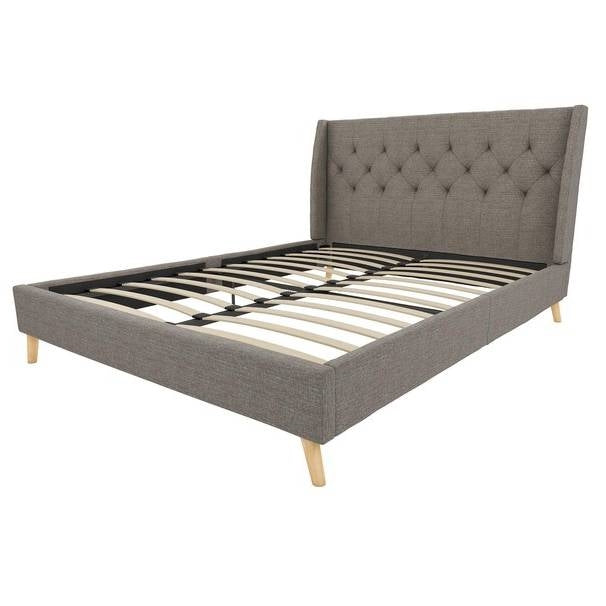 Full size Grey Linen Upholstered Mid-Century Modern Wingback Platform Bed
