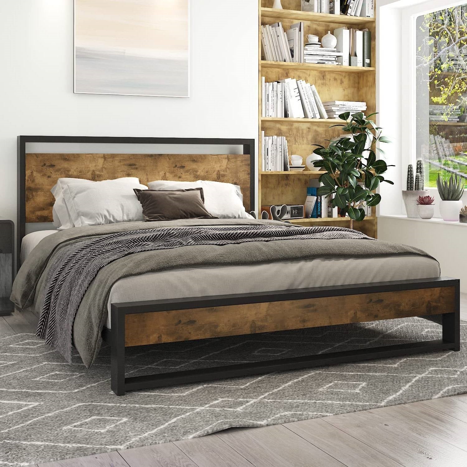 Full Modern Farmhouse Platform Bed Frame with Wood Panel Headboard Footboard — Chic Home-Decor
