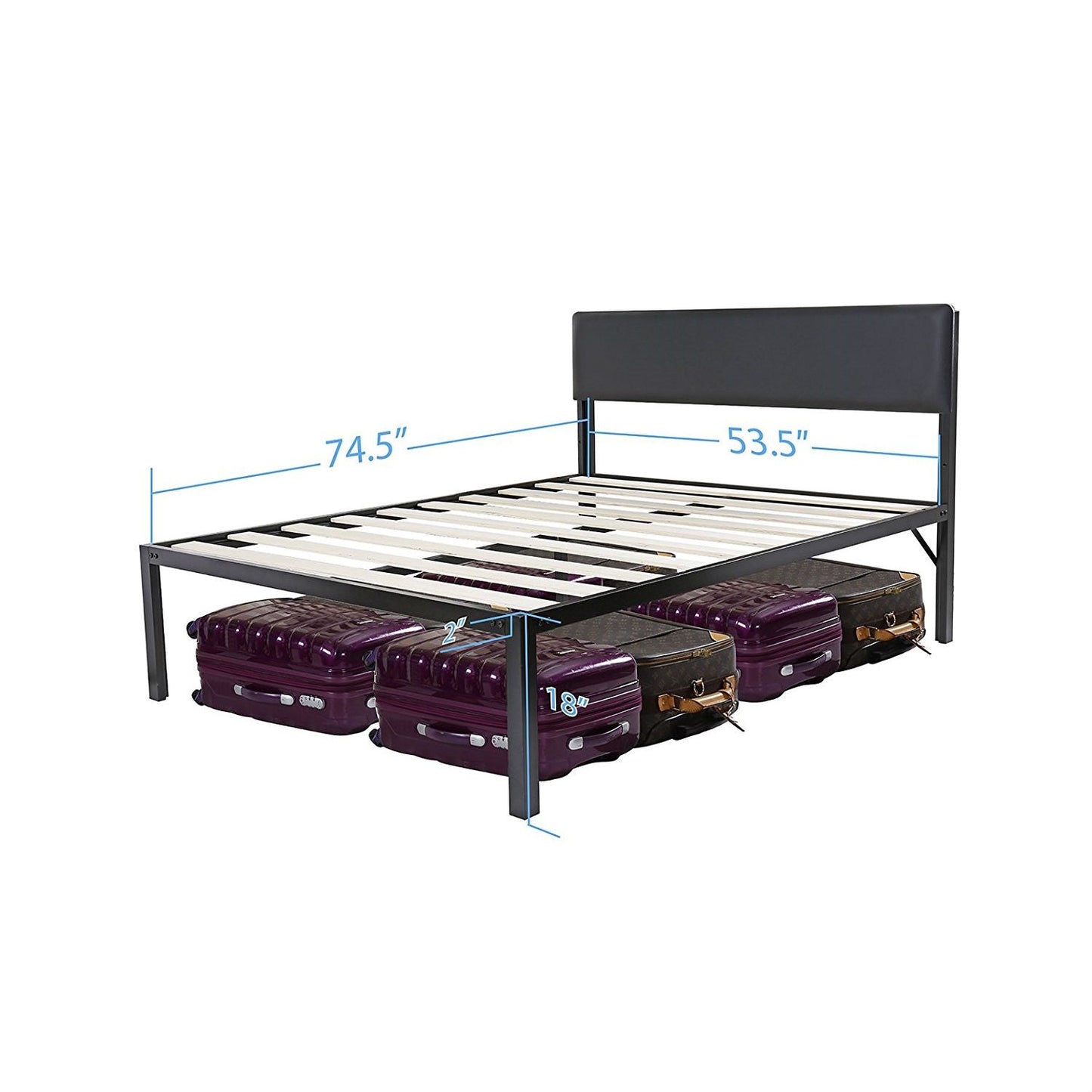 Full size Modern Metal Platform Bed Frame with Black Padded Headboard