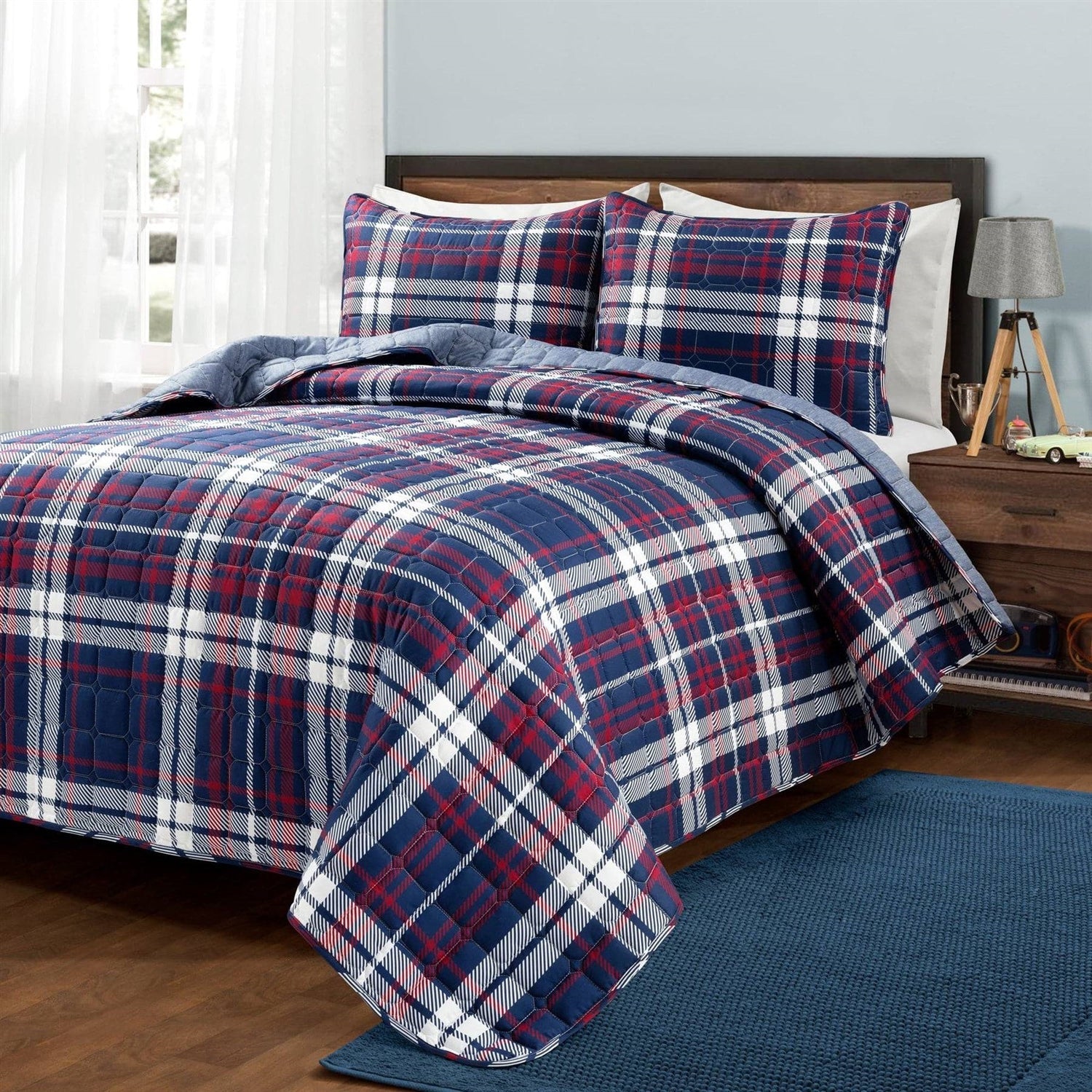 Full/Queen Farmhouse Plaid 3 Piece Lightweight Reversible Quilt Set — Chic Home-Decor