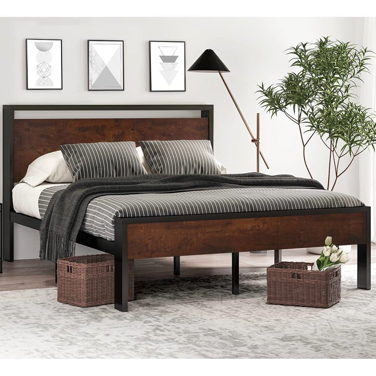 Full Metal Platform Bed Frame with Mahogany Wood Panel Headboard Footboard — Chic Home-Decor