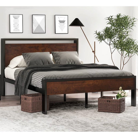 Full Metal Platform Bed Frame with Mahogany Wood Panel Headboard Footboard — Chic Home-Decor
