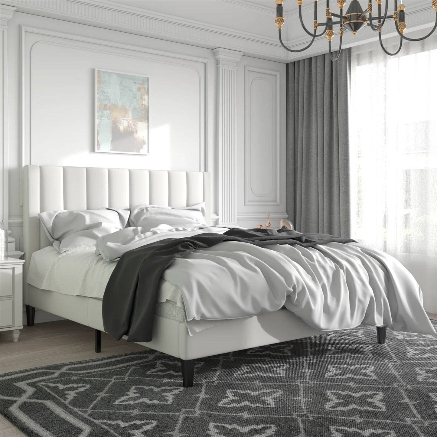 Full size White Velvet Upholstered Platform Bed Frame with Headboard — Chic Home-Decor