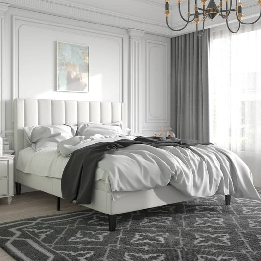 Full size White Velvet Upholstered Platform Bed Frame with Headboard — Chic Home-Decor