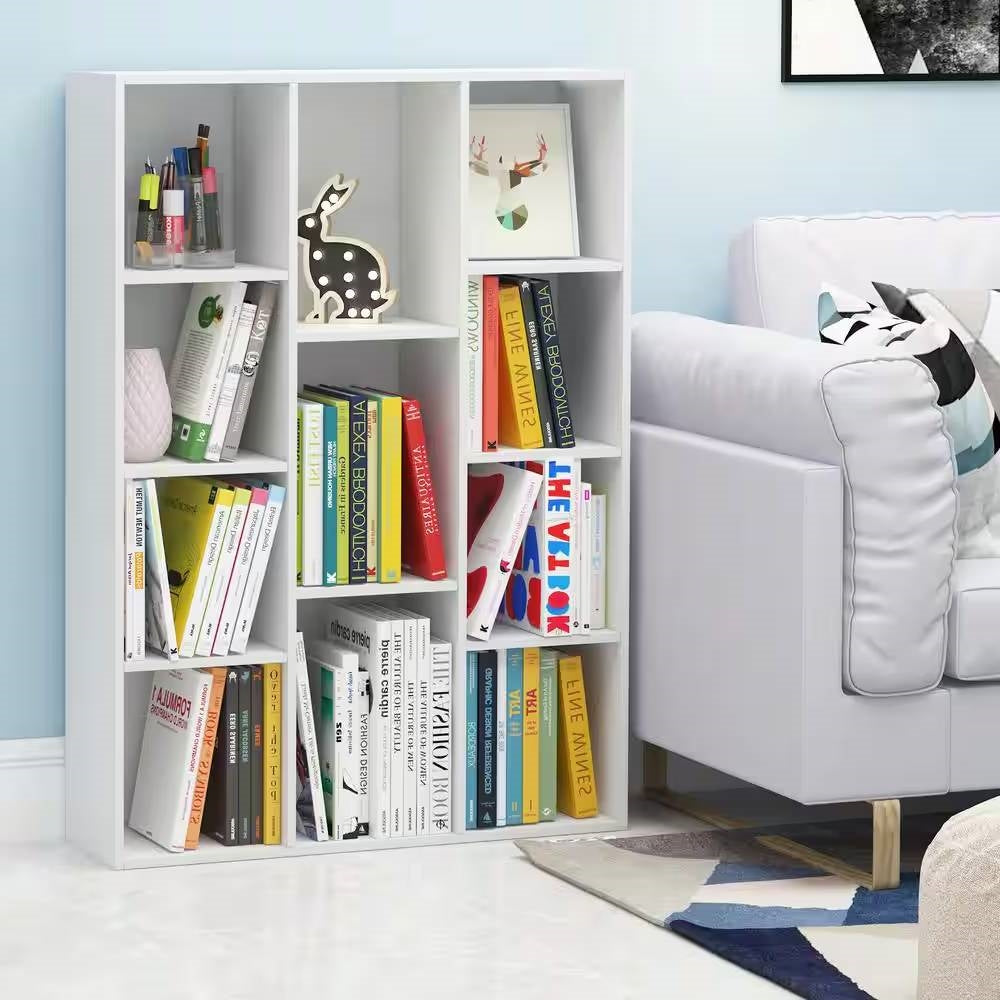 Modern 42-inch High Bookcase with 11-Cube Open Shelves in White Wood Finish — Chic Home-Decor