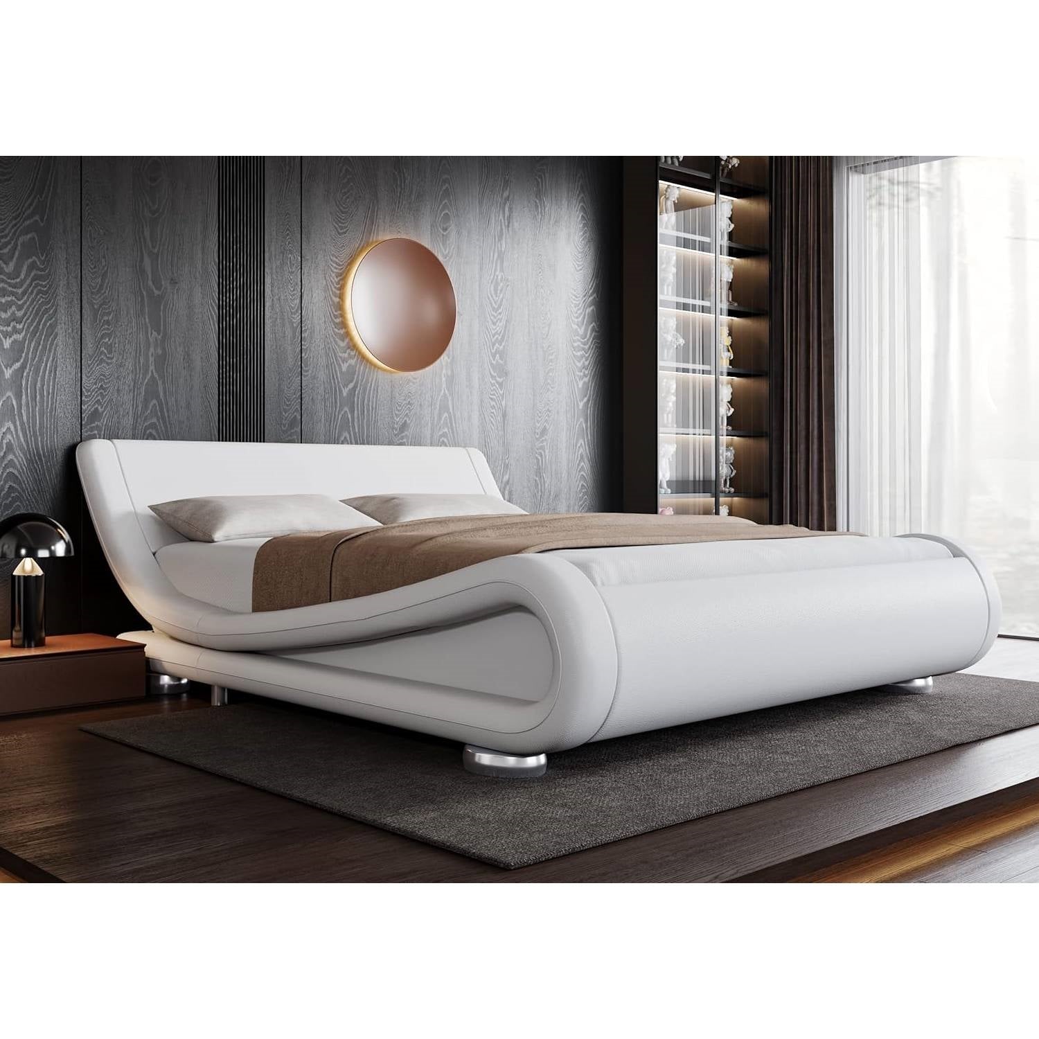 Full Modern White Upholstered Platform Bed Frame with Sleigh Curved Headboard — Chic Home-Decor