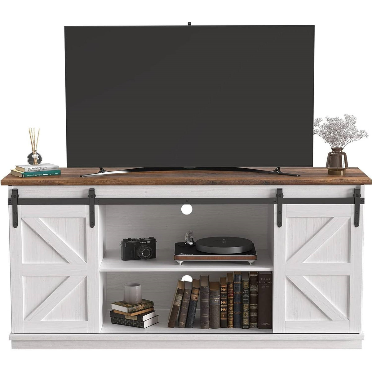 Farmhouse TV Stand in White Wood Finish with Sliding Doors for TV up to 65-inch