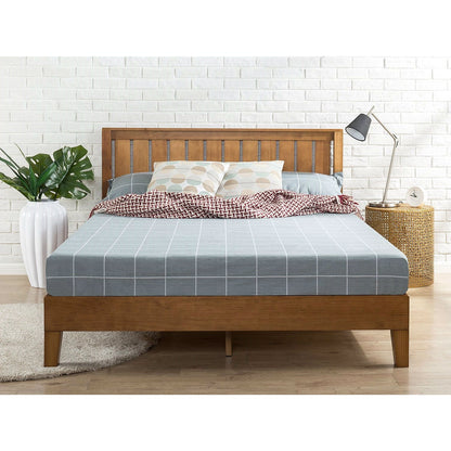 Solid Wood Platform Bed Frame with Headboard in Medium Finish – Brown