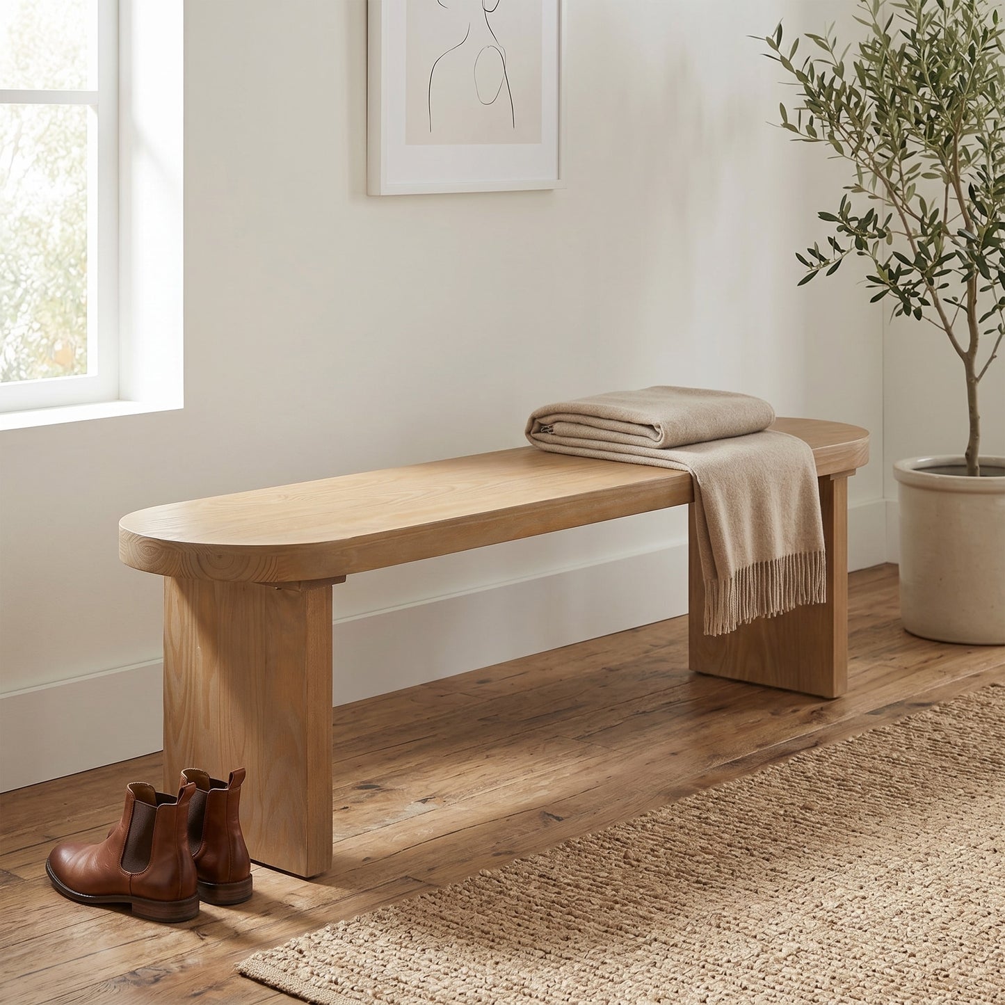 Industrial Dining Bench, Cross Brace Design Natural Brown Solid Wood