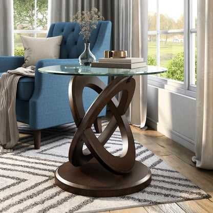 21 Inch Nightstand, Round Wood Body, Gray Tempered Glass, Walnut Brown