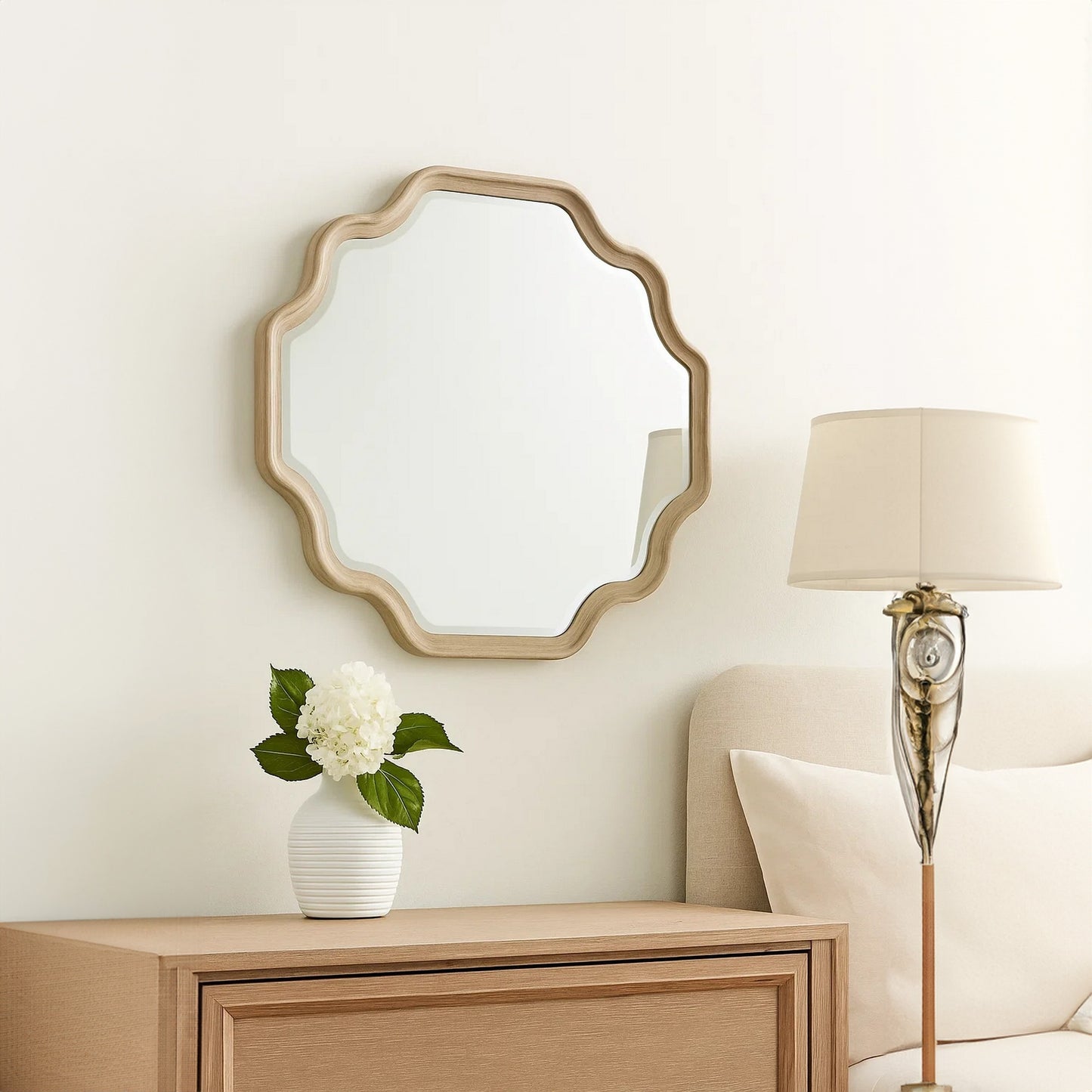 Fea Dresser Mirror, Natural Oak Brown Solid Wood, Scallop Edges, 40x47