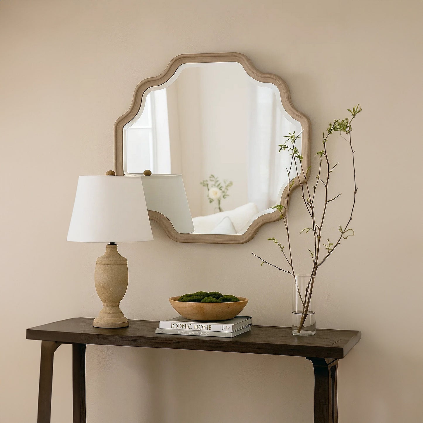 Fea Dresser Mirror, Natural Oak Brown Solid Wood, Scallop Edges, 40x47
